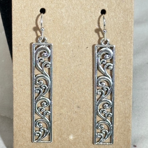 2/$20 Silver tone long rectangular filigree & swirl hook earrings - Picture 3 of 9